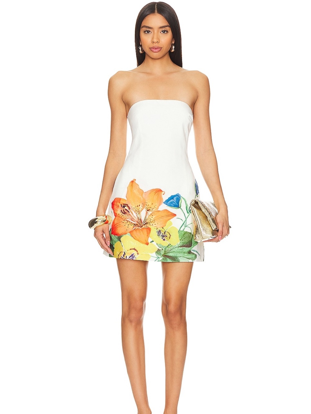Strapless White Mini Dress with Vibrant Floral Hem